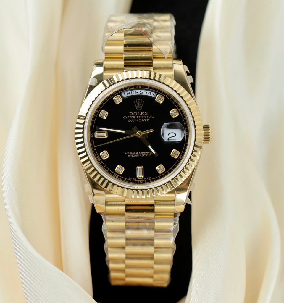 Đồng Hồ Rolex Day-Date Replica Cao Cấp Mặt Đen Cọc Số Đính Đá Xưởng GM 40mm (2)