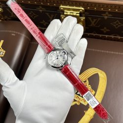 Đồng Hồ Cartier Ballon Bleu Chế Tác Mặt Trắng Dây Da Màu Đỏ Nhà Máy AF 33mm (2)
