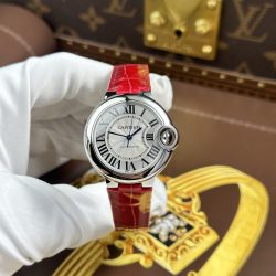 Đồng Hồ Cartier Ballon Bleu Chế Tác Mặt Trắng Dây Da Màu Đỏ Nhà Máy AF 33mm (2)