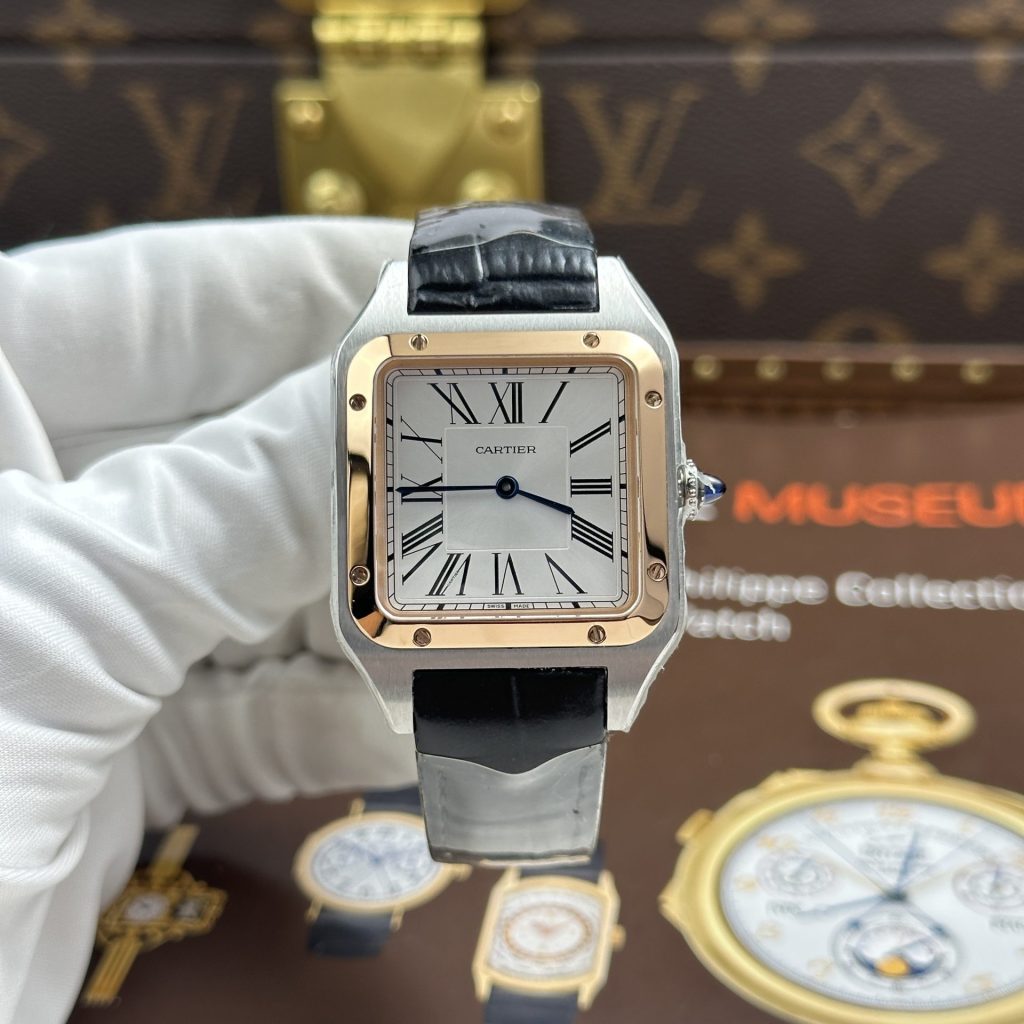 Đồng Hồ Cartier Replica 11 Santos Dumont Large Model Mặt Trắng Dây Da 43.5x31 (2)