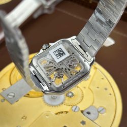 Đồng Hồ Cartier Santos Chế Tác Mặt Lộ Cơ Viền Xanh Dương Dây Kim Loại 39 (2)