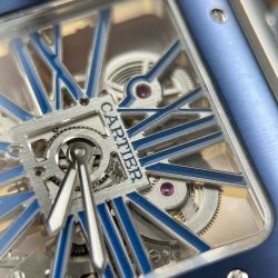 Đồng Hồ Cartier Santos Chế Tác Mặt Lộ Cơ Viền Xanh Dương Dây Kim Loại 39 (2)
