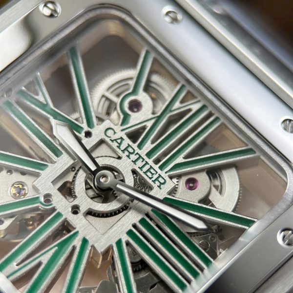 Đồng Hồ Cartier Santos Replica 11 Mặt Lộ Cơ Cọc Số Màu Xanh Lá Cây 39 (2)