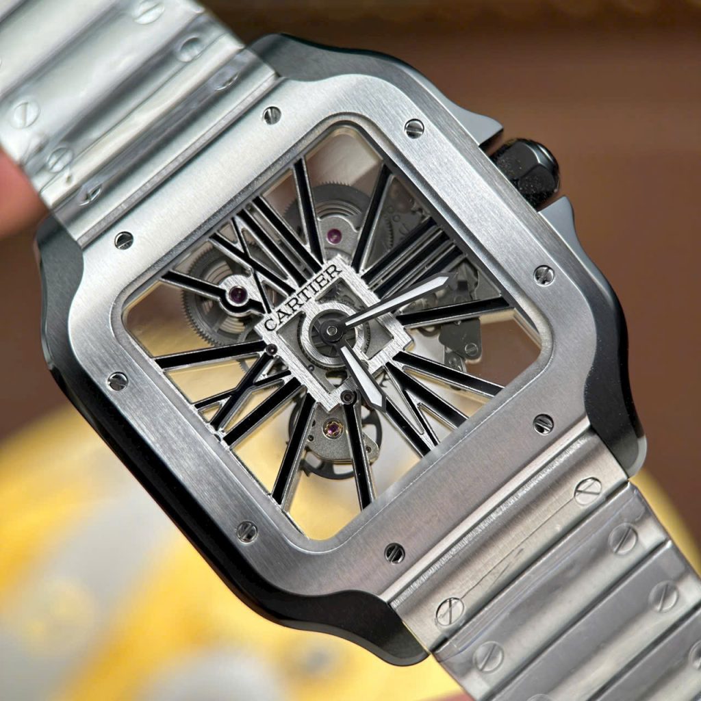 Đồng Hồ Cartier Santos Replica 11 Mặt Lộ Cơ Viền Đen Dây Kim Loại 39 (2)