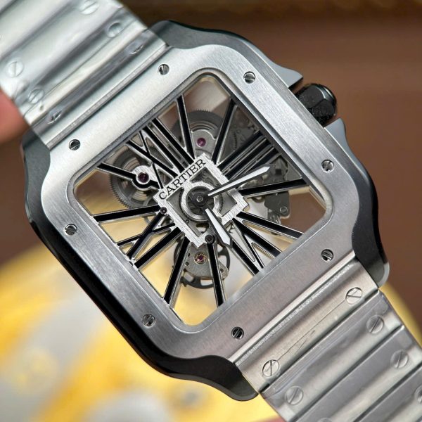Đồng Hồ Cartier Santos Replica 11 Mặt Lộ Cơ Viền Đen Dây Kim Loại 39 (2)