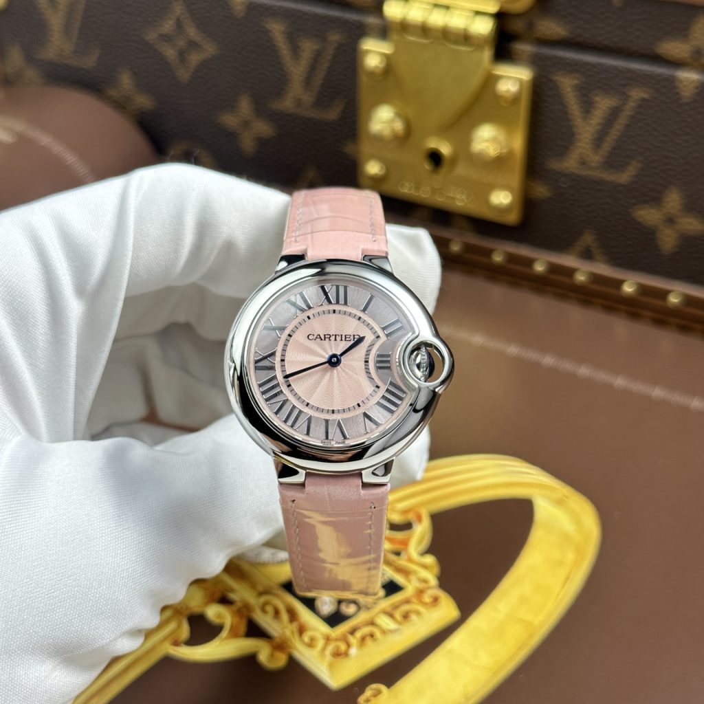Đồng Hồ Cartier Ballon Bleu Rep 11 Nữ Màu Hồng Dây Da Nhà Máy AF 33mm (2)