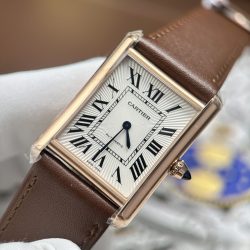 Đồng Hồ Cartier Tank Louis Fake Cao Cấp Mặt Trắng Dây Da Màu Nâu 27.8×38 (2)