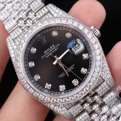 Đồng Hồ Rolex DateJust Mặt Đen Chế Tác Đính Full Kim Cương Moissanite 41mm (2)