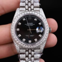 Đồng Hồ Rolex DateJust Mặt Đen Chế Tác Đính Full Kim Cương Moissanite 41mm (2)