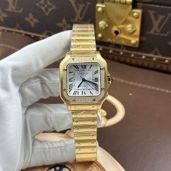 Đồng Hồ Cartier Santos Nữ Chế Tác Mạ Vàng Viền Đính Đá Nhà Máy BV 35mm (2)