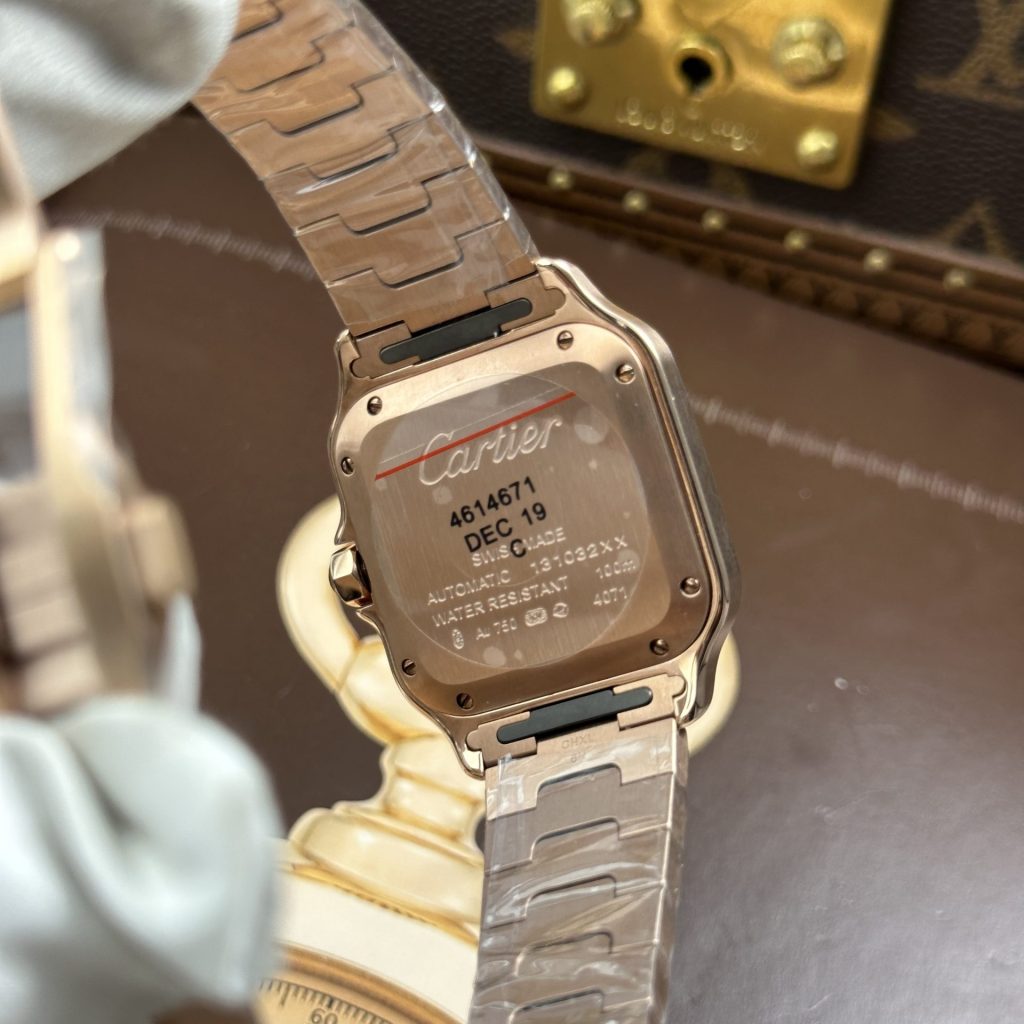 Đồng Hồ Cartier Santos Nữ Replica 11 Vỏ Mạ Vàng Hồng Viền Đính Đá Nhà Máy BV 35mm (2)