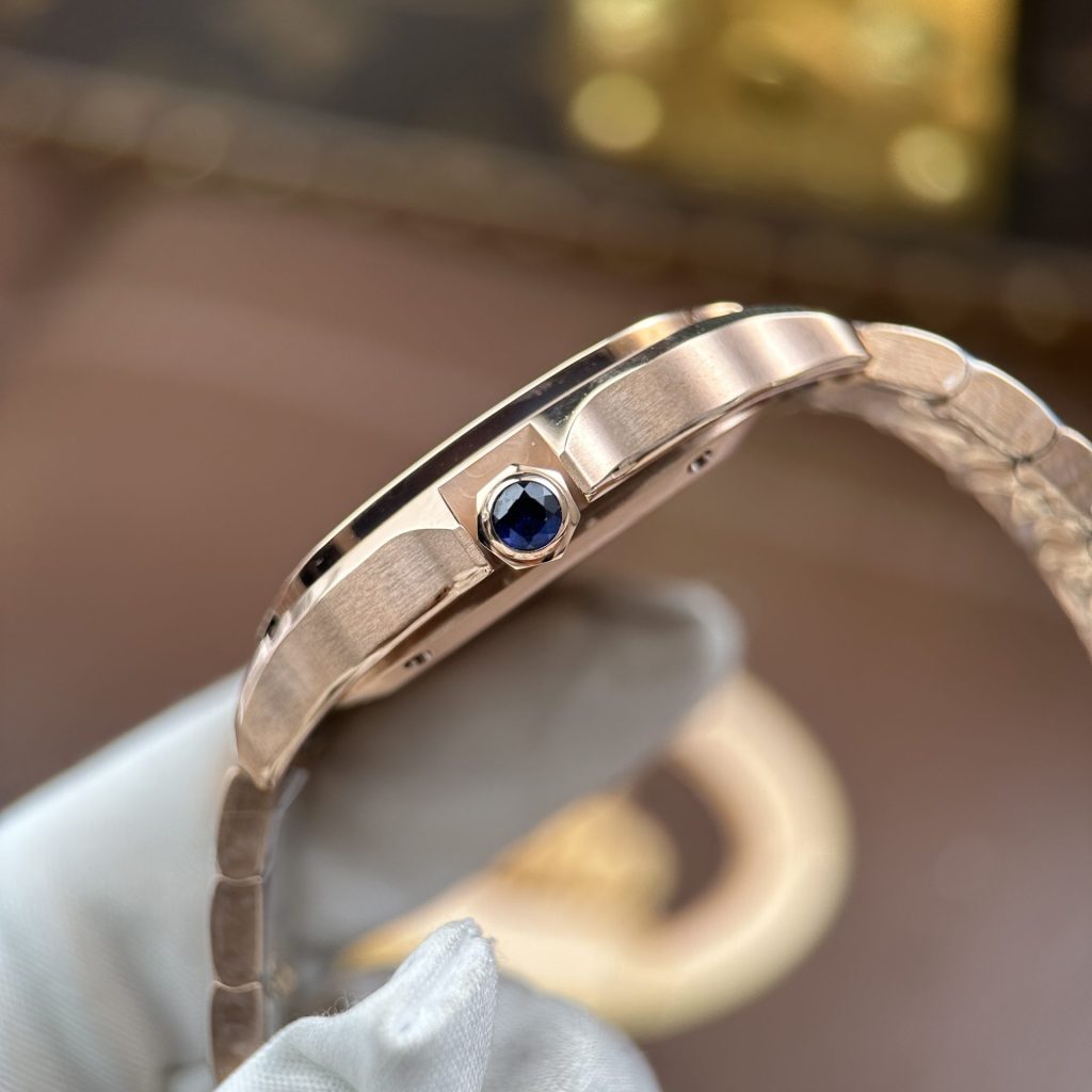 Đồng Hồ Cartier Santos Nữ Replica 11 Vỏ Mạ Vàng Hồng Viền Đính Đá Nhà Máy BV 35mm (2)