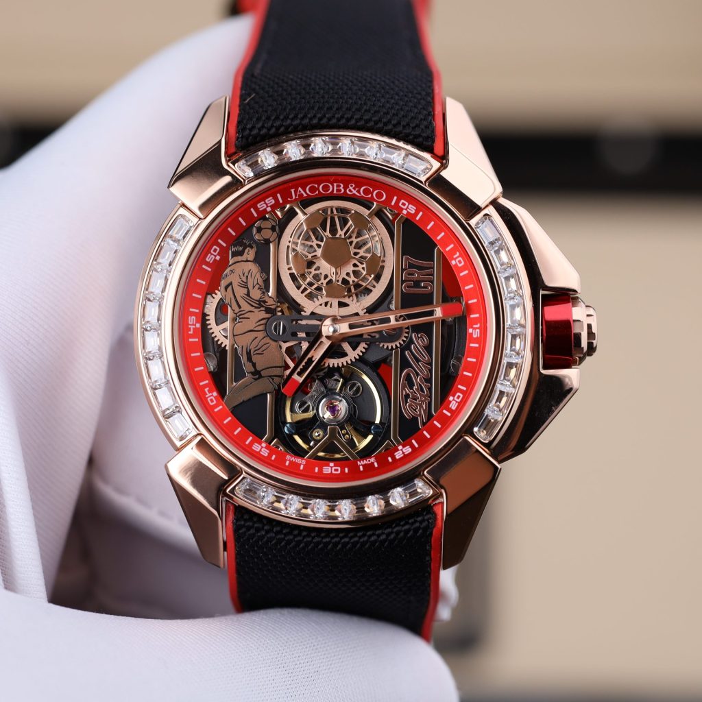 Đồng Hồ Jacob & Co Replica 11 CR7 Epic X Flight Of CR7 Màu Đỏ Viền Đính Đá Baguette 44mm (2)